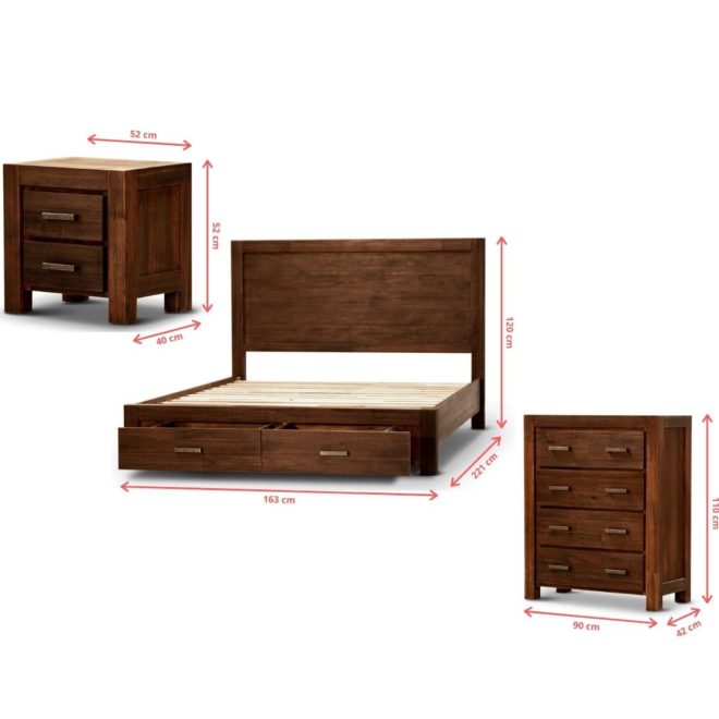 Comfortis 4pc Bed Frame Suite Bedside Tallboy Furniture Package – Walnut – QUEEN