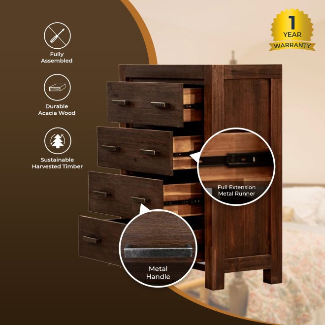 Comfortis 4pc Bed Frame Suite Bedside Tallboy Furniture Package – Walnut – QUEEN