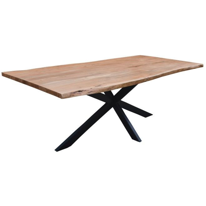 Lantana 7pc Dining Table 6 Black Chair Set Live Edge Acacia Wood – 210x105x76 cm, X-Back