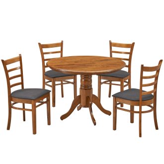 Linaria Dining Set 106cm Round Pedestral Table 4 Fabric Seat Chair – Walnut