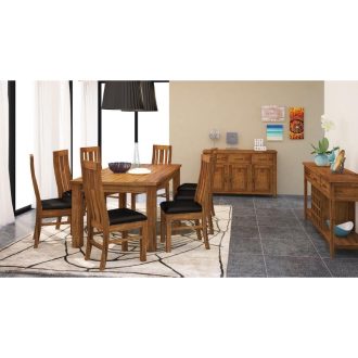 Birdsville Dining Set Table 6 PU Seat Chair Solid Mt Ash Wood – Brown