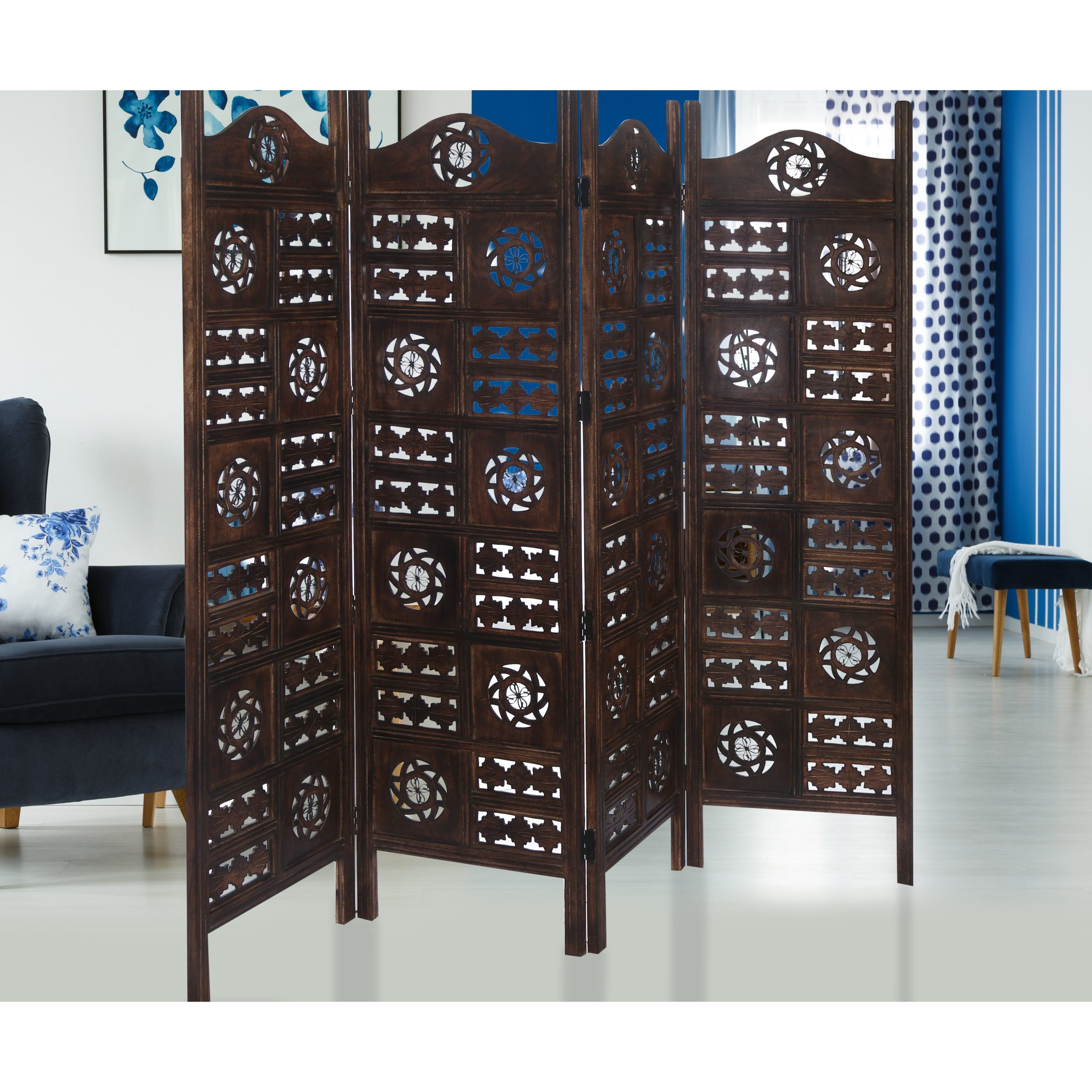 Victorville Circle Jali 4 Panel Room Divider Screen Privacy Shoji Timber Wood Stand