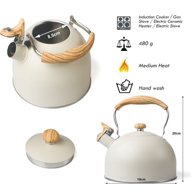 2.5 Liter Tea Whistling Kettle Stainless Steel Modern Whistling Tea Pot for Stovetop – Cream
