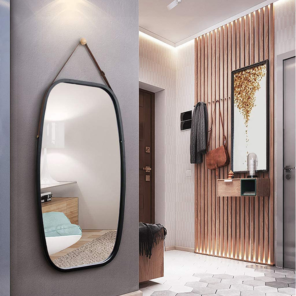 Bathroom Wall Mount Hanging Bamboo Frame Mirror Adjustable Strap Wall Mirror Home Decor – Black