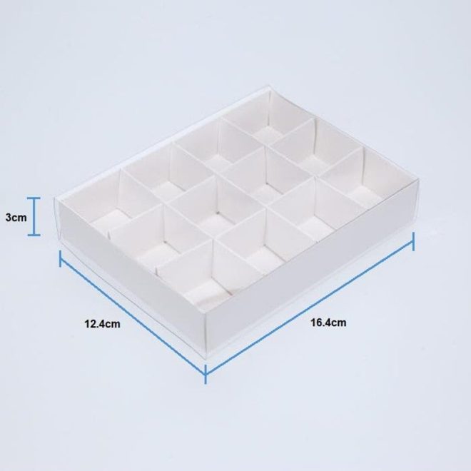 10 Pack of White Card Chocolate Sweet Soap Product Reatail Gift Box – 12 bay 4x4x3cm Compartments  – Clear Slide On Lid – 16x12x3 cm