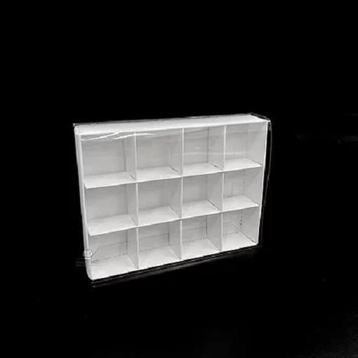 10 Pack of White Card Chocolate Sweet Soap Product Reatail Gift Box – 12 bay 4x4x3cm Compartments  – Clear Slide On Lid – 16x12x3 cm