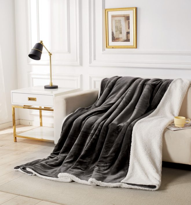 2 in 1 Teddy Sherpa  Quilt Cover Set and Blanket – DOUBLE, Charcoal
