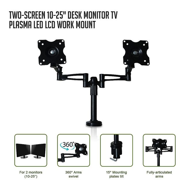 Two-Screen 10-25″ Desk Monitor TV Plasma LED LCD Work Mount