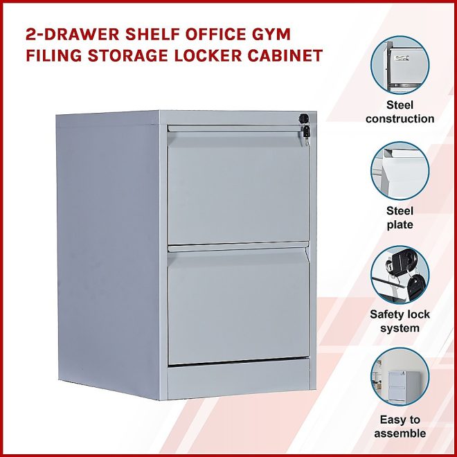 Drawer Shelf Office Gym Filing Storage Locker Cabinet – Grey, 2-Drawer