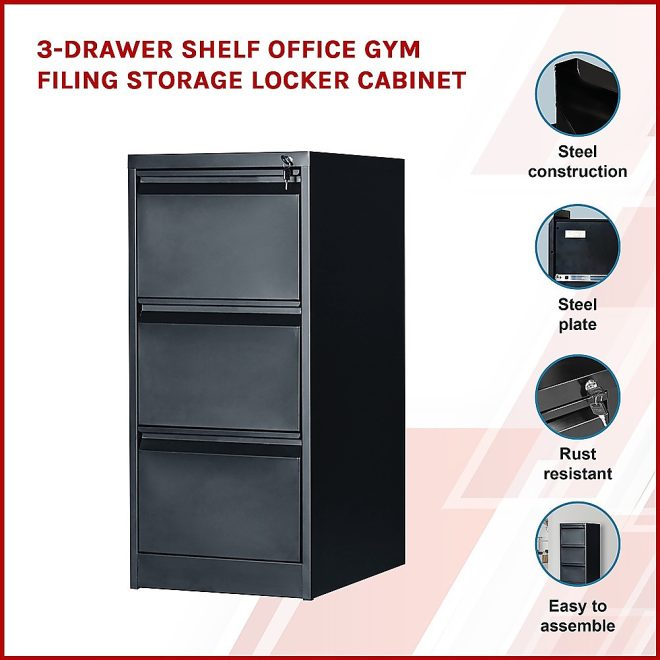 Drawer Shelf Office Gym Filing Storage Locker Cabinet – Black, 3-Drawer