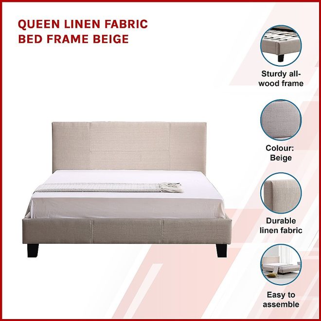 Linen Fabric Bed Frame – QUEEN, Beige