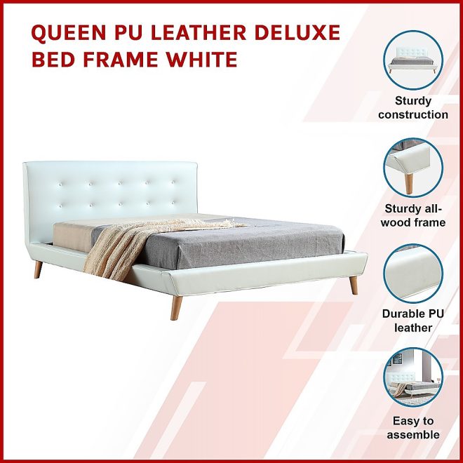 PU Leather Deluxe Bed Frame – QUEEN, White