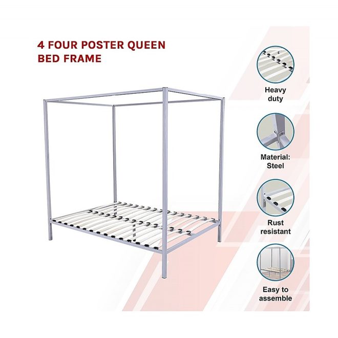 4 Four Poster Bed Frame – QUEEN, Cream