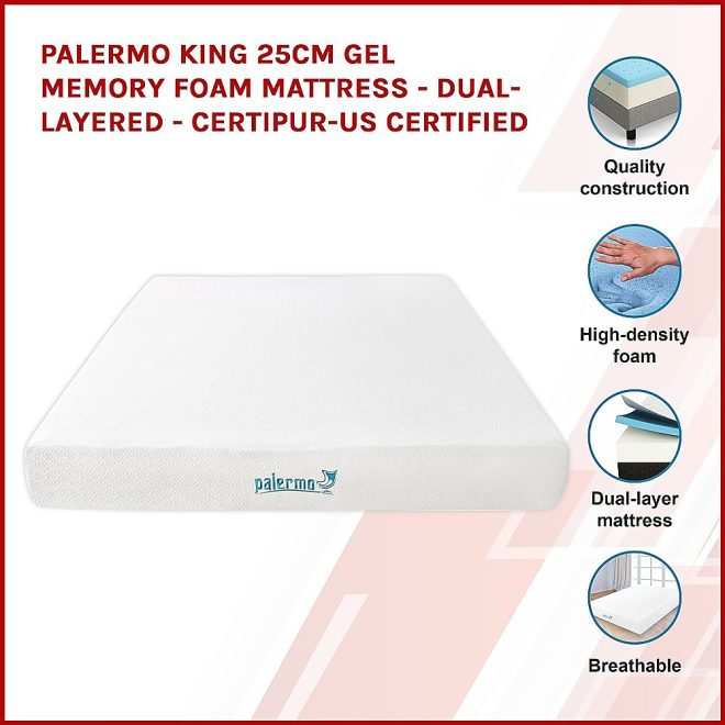 25cm Gel Memory Foam Mattress – Dual-Layered – CertiPUR-US Certified – KING