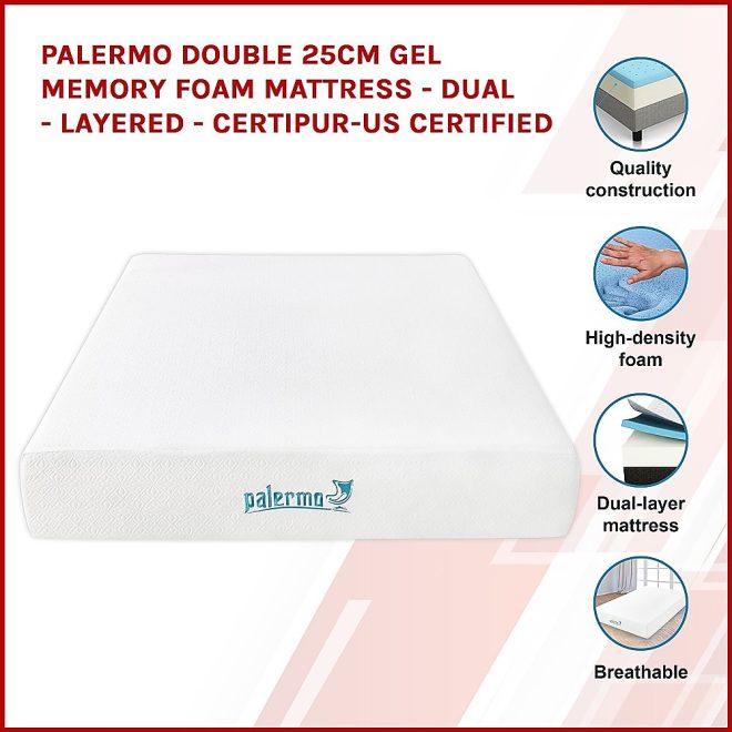 25cm Gel Memory Foam Mattress – Dual-Layered – CertiPUR-US Certified – DOUBLE