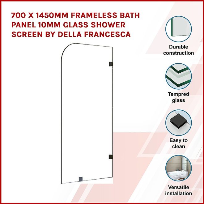 Frameless Bath Panel 10mm Glass Shower Screen By Della Francesca – 700 x 1450 mm, Black