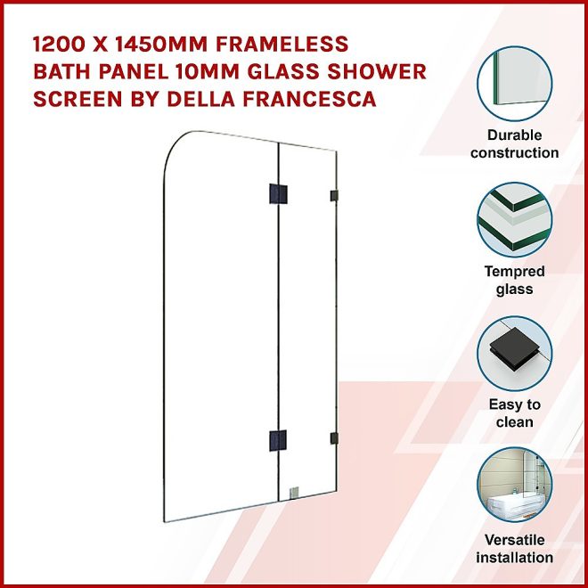 Frameless Bath Panel 10mm Glass Shower Screen By Della Francesca – 1200 x 1450 mm, Black