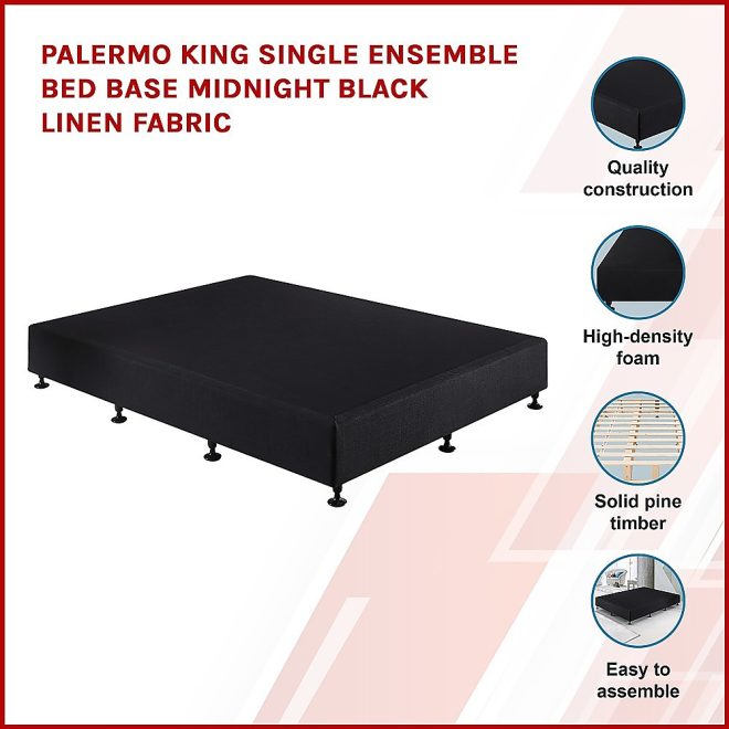 Palermo Ensemble Bed Base Linen Fabric – KING SINGLE, Midnight Black