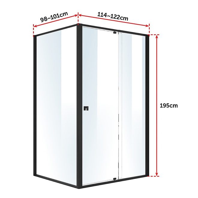 Semi Frameless Shower Screen AS/NZS Glass – (114~122) x 195 cm & (98~101) x 195 cm, Black