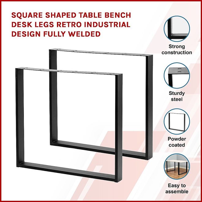Square Shaped Table Bench Desk Legs Retro Industrial Design Fully Welded – 75 x 25 x 1.5 mm, Black