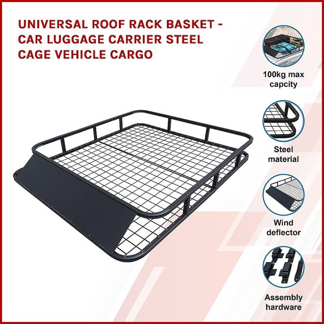 Universal Roof Rack Basket – Car Luggage Carrier Steel Cage Vehicle Cargo – 123 x 102 x 14.5 cm