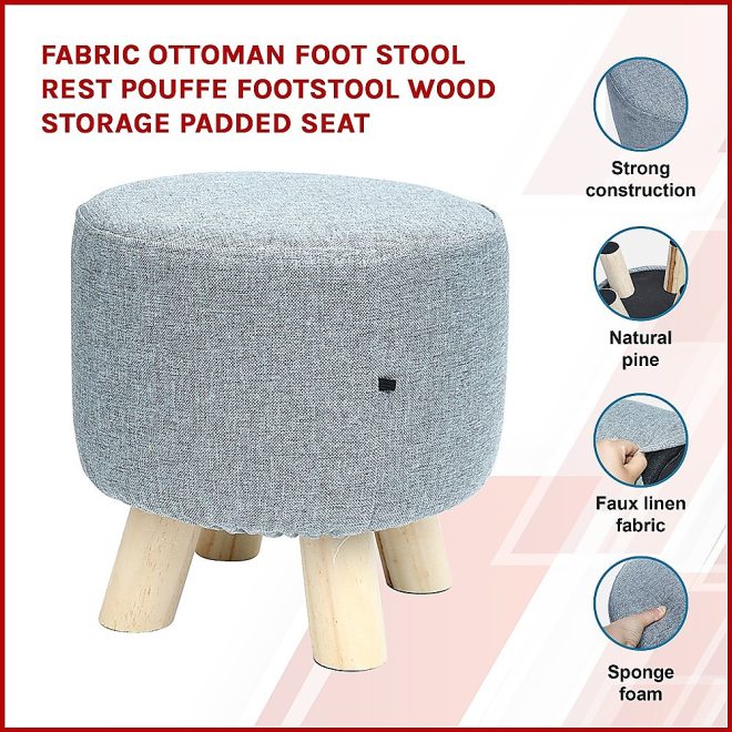 Fabric Ottoman Foot Stool Rest Pouffe Footstool Wood Storage Padded Seat – Grey