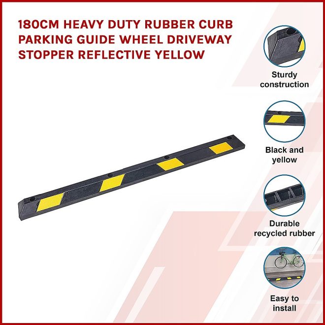 Heavy Duty Rubber Curb Parking Guide Wheel Driveway Stopper Reflective Yellow – 180 cm