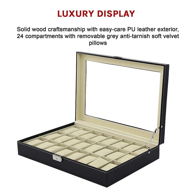 Watch Box – 24 Slot Luxury Display Case With Framed Glass Lid