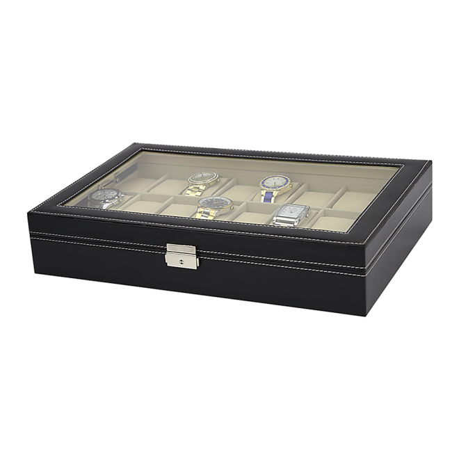 Watch Box – 24 Slot Luxury Display Case With Framed Glass Lid