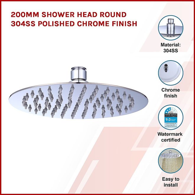 200mm Shower Head Round 304SS Electroplated – Chrome