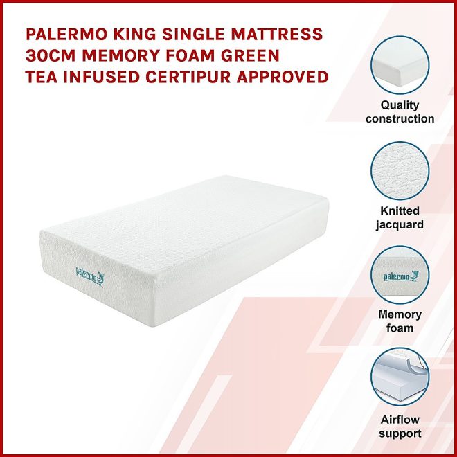 Palermo Mattress 30cm Memory Foam Green Tea Infused CertiPUR Approved – KING SINGLE