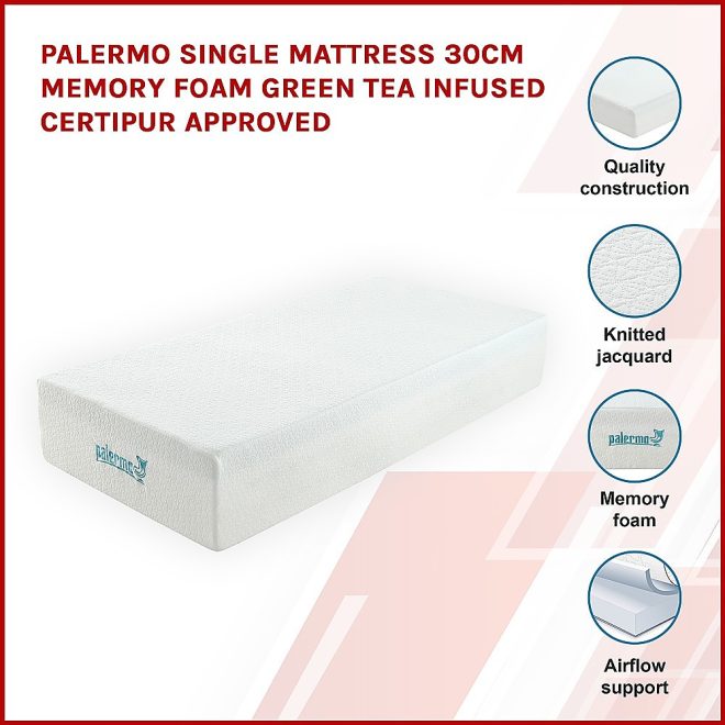 Palermo Mattress 30cm Memory Foam Green Tea Infused CertiPUR Approved – SINGLE