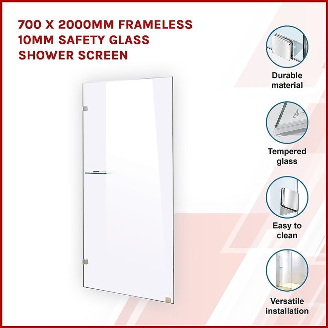Frameless 10mm Safety Glass Shower Screen – 700 x 2000 mm, Chrome