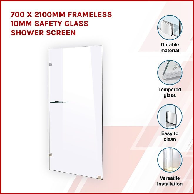 Frameless 10mm Safety Glass Shower Screen – 700 x 2100 mm, Chrome