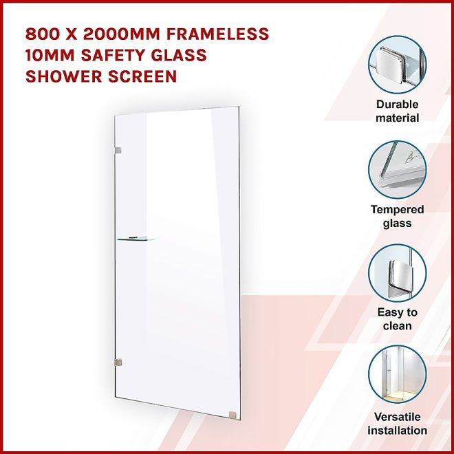 Frameless 10mm Safety Glass Shower Screen – 800 x 200 mm, Chrome