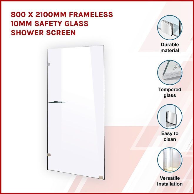 Frameless 10mm Safety Glass Shower Screen – 800 x 2100 mm, Chrome