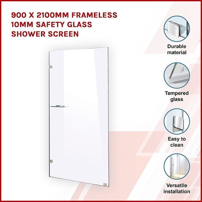 Frameless 10mm Safety Glass Shower Screen – 900 x 2100 mm, Chrome
