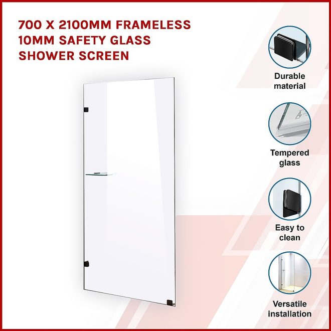 Frameless 10mm Safety Glass Shower Screen – 700 x 2100 mm, Black