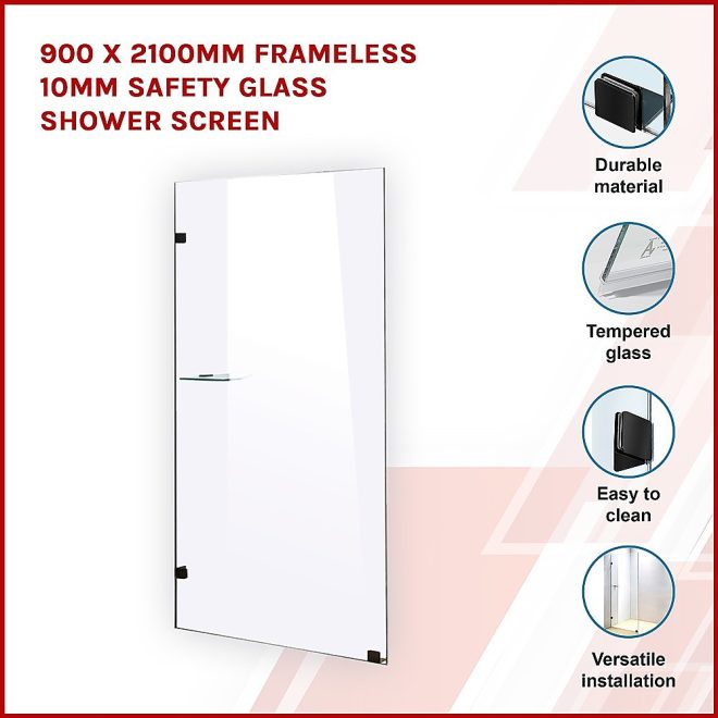 Frameless 10mm Safety Glass Shower Screen – 900 x 2100 mm, Black