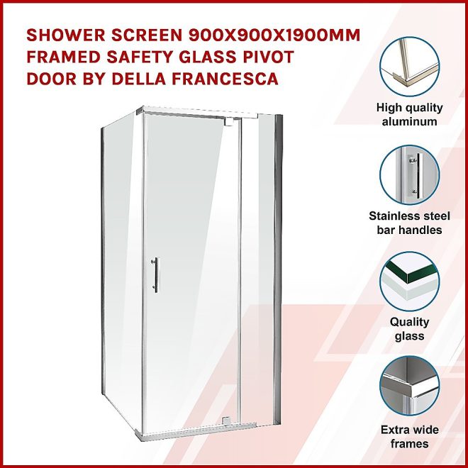Shower Screen Framed Safety Glass Pivot Door By Della Francesca – 900 x 900 x 1900 mm, Chrome