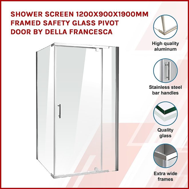 Shower Screen Framed Safety Glass Pivot Door By Della Francesca – 1200 x 900 x 1900 mm, Chrome