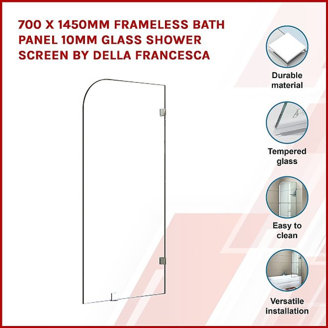 Frameless Bath Panel 10mm Glass Shower Screen By Della Francesca – 700 x 1450 mm, Chrome