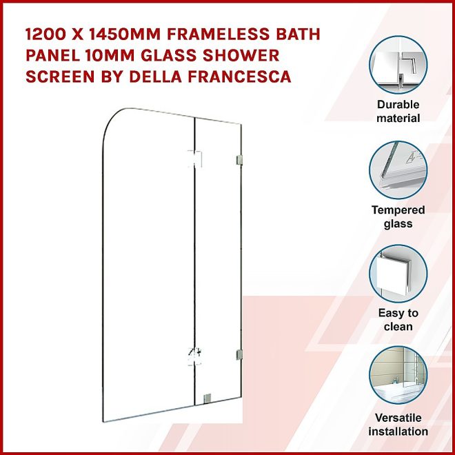 Frameless Bath Panel 10mm Glass Shower Screen By Della Francesca – 1200 x 1450 mm, Nickel Finish