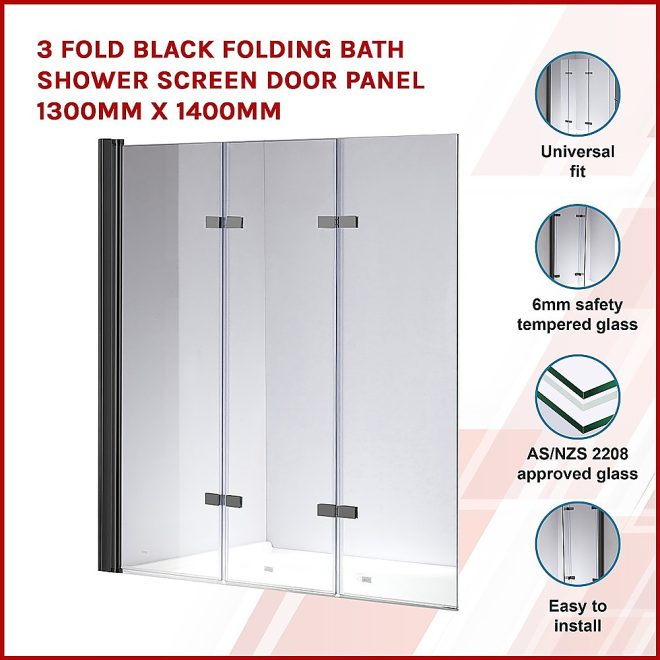 3 Fold Folding Bath Shower Screen Door Panel 1300mm x 1400mm – Black