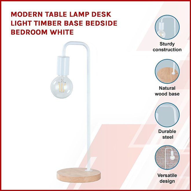 Modern Table lamp Desk Light Timber Base Bedside Bedroom – White