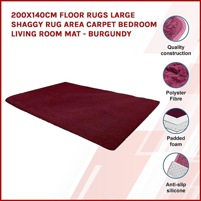 Floor Rugs Large Shaggy Rug Area Carpet Bedroom Living Room Mat – 200 x 140 cm, Burgundy