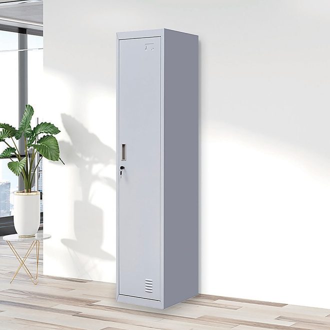 One-Door Office Gym Shed Clothing Locker Cabinet – Grey, Standard Lock