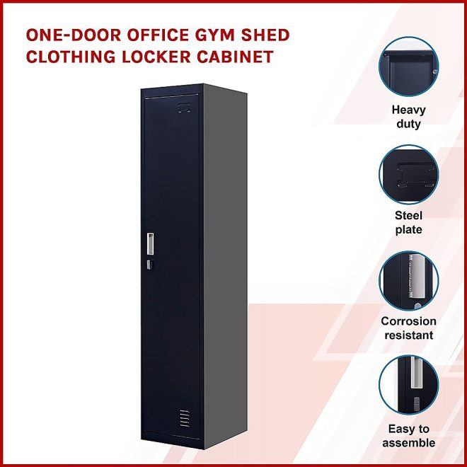 One-Door Office Gym Shed Clothing Locker Cabinet – Black, Padlock operated