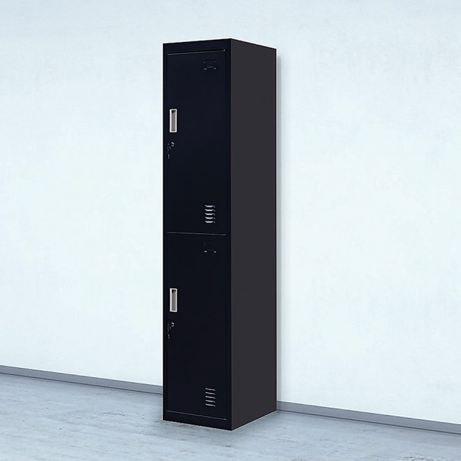 2-Door Vertical Locker for Office Gym Shed School Home Storage – Black, Standard Lock