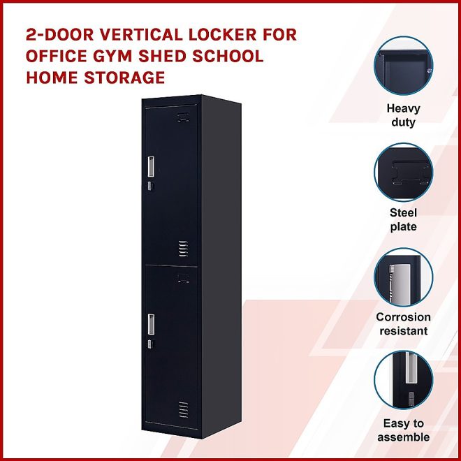 2-Door Vertical Locker for Office Gym Shed School Home Storage – Black, Padlock operated